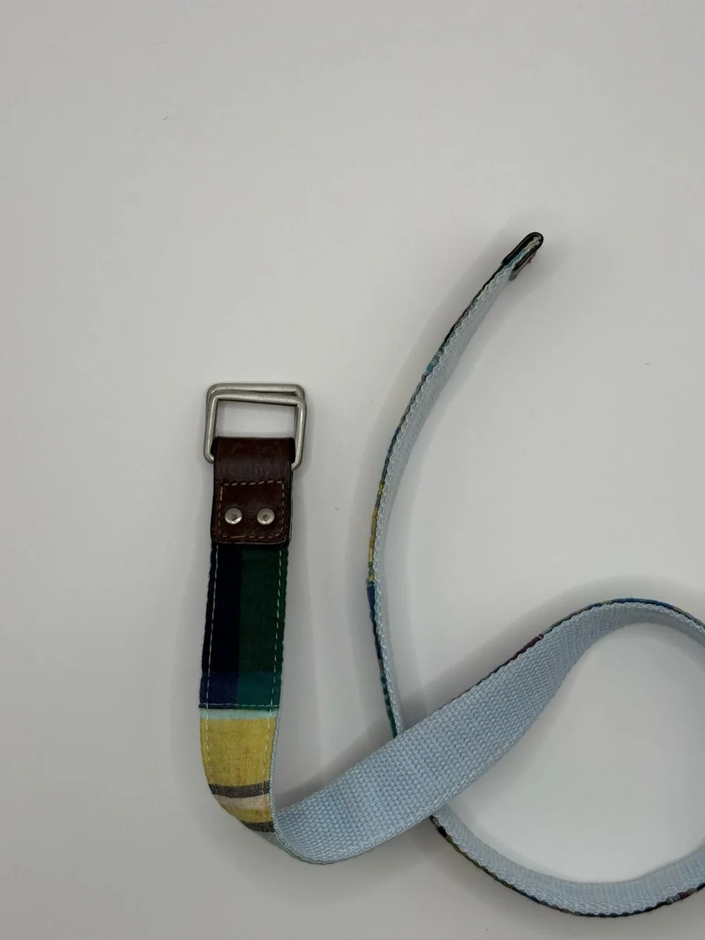Gap Kids Plaid Canvas Belt Blue Green Yellow Leather Trim Adjustable Belt